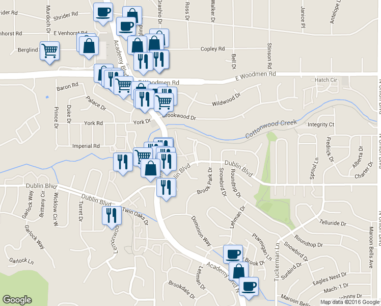 map of restaurants, bars, coffee shops, grocery stores, and more near 6609 Dublin Place in Colorado Springs