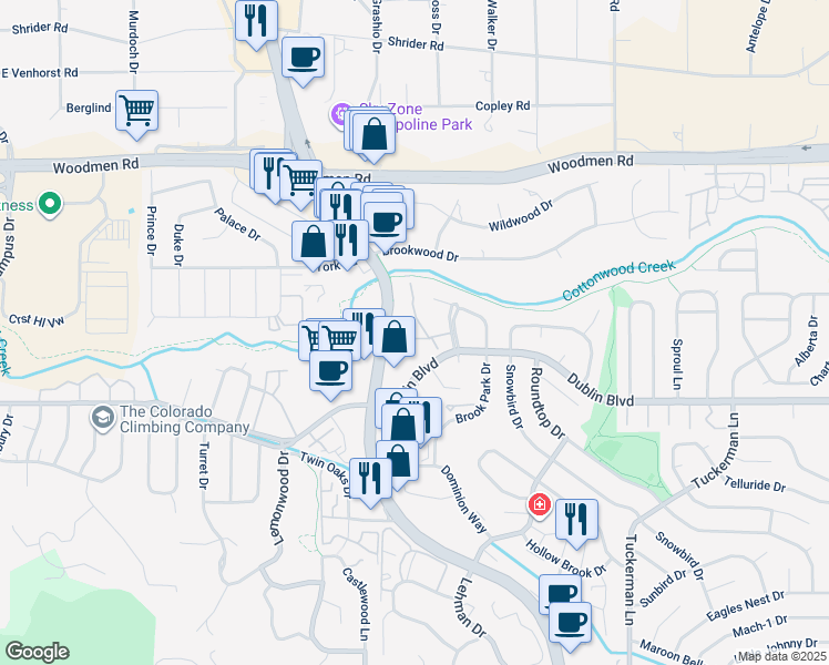 map of restaurants, bars, coffee shops, grocery stores, and more near 6655 North Academy Boulevard in Colorado Springs