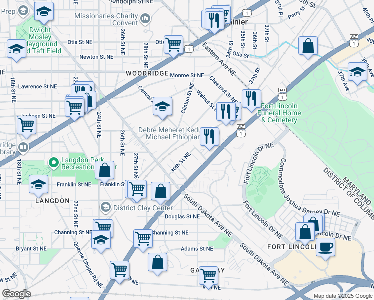 map of restaurants, bars, coffee shops, grocery stores, and more near 2840 30th Street Northeast in Washington