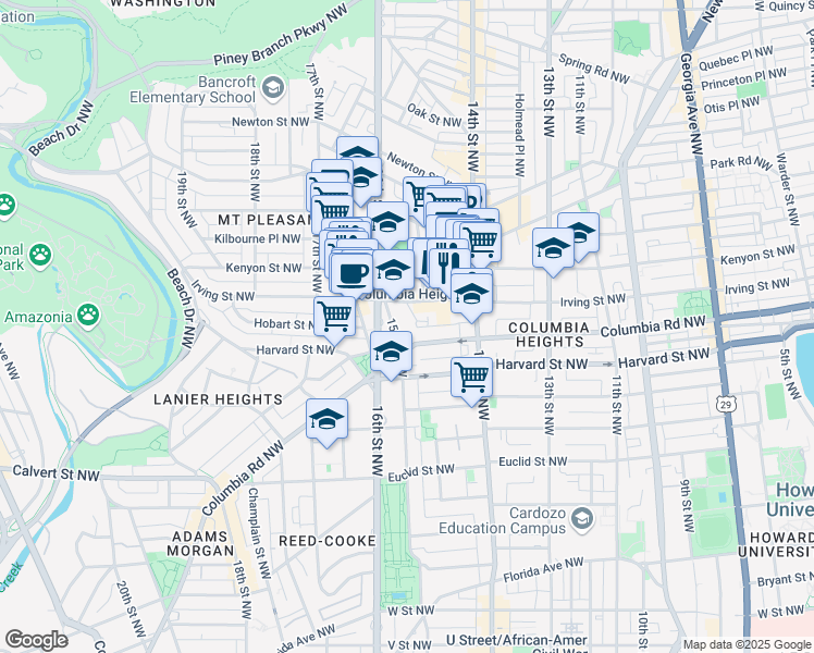 map of restaurants, bars, coffee shops, grocery stores, and more near 3029 15th Street Northwest in Washington