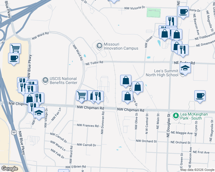 map of restaurants, bars, coffee shops, grocery stores, and more near 813 Northwest Donovan Road in Lee's Summit