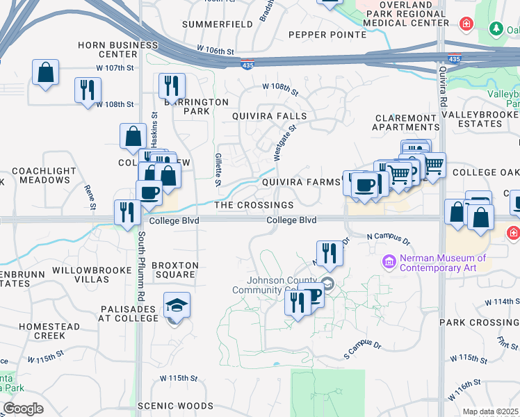 map of restaurants, bars, coffee shops, grocery stores, and more near 12727 West 110th Terrace in Overland Park
