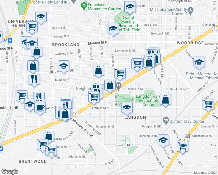 map of restaurants, bars, coffee shops, grocery stores, and more near 1717 Hamlin Street Northeast in Washington