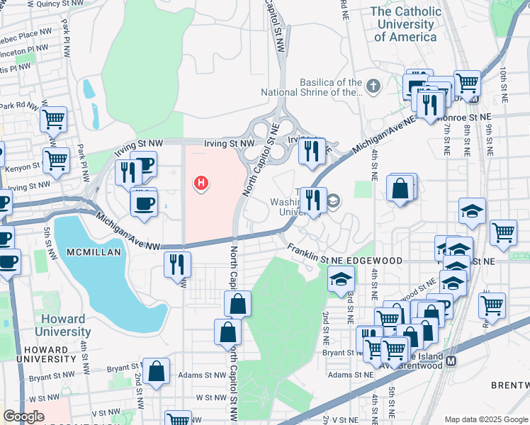 map of restaurants, bars, coffee shops, grocery stores, and more near 96 Hawthorne Court Northeast in Washington