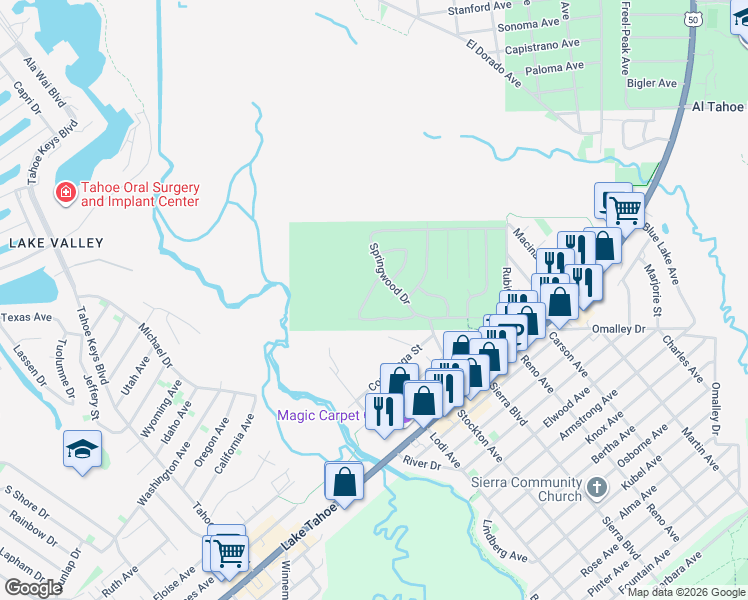 map of restaurants, bars, coffee shops, grocery stores, and more near 963 Silverwood Circle in South Lake Tahoe