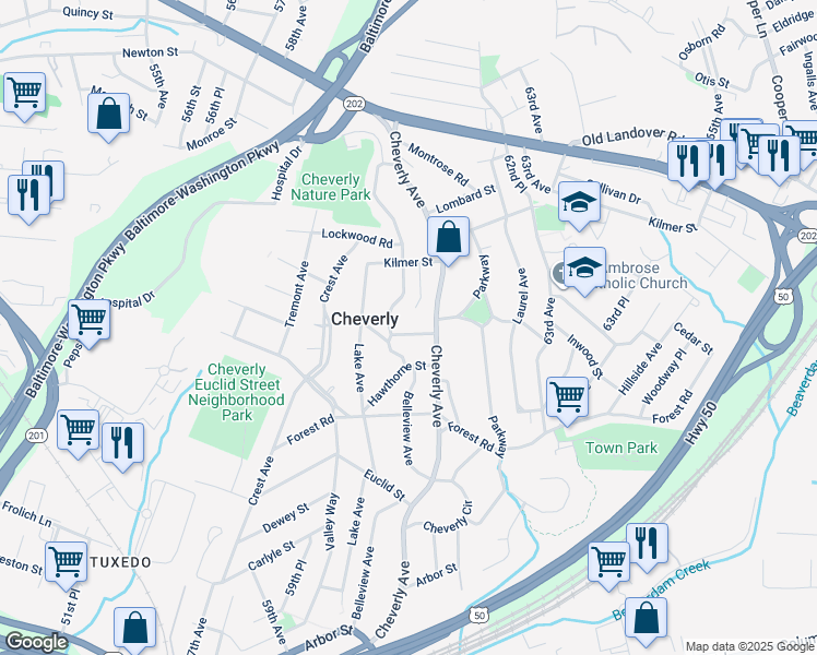 map of restaurants, bars, coffee shops, grocery stores, and more near 6012 Inwood Street in Cheverly