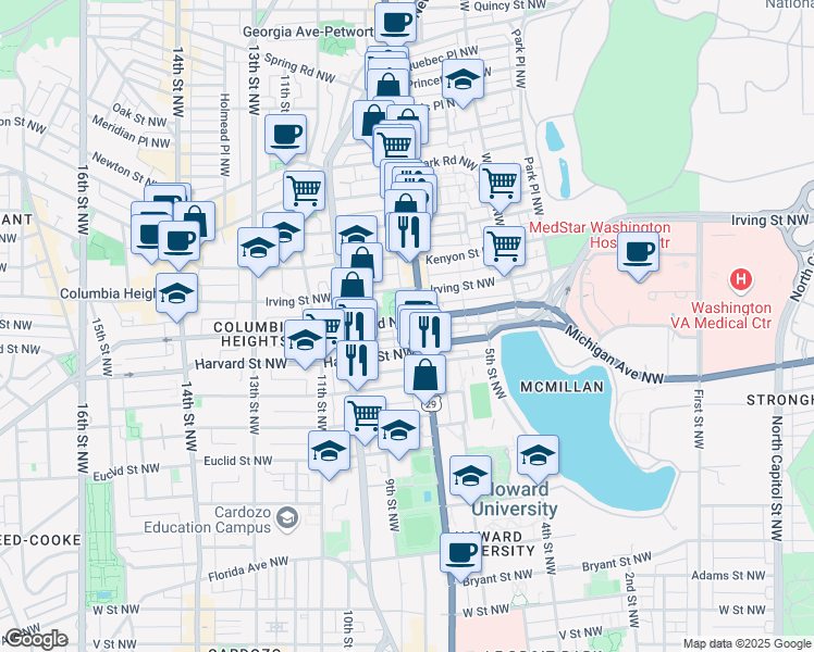 map of restaurants, bars, coffee shops, grocery stores, and more near 710 Columbia Road Northwest in Washington