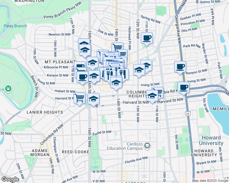 map of restaurants, bars, coffee shops, grocery stores, and more near 1401 Columbia Road Northwest in Washington