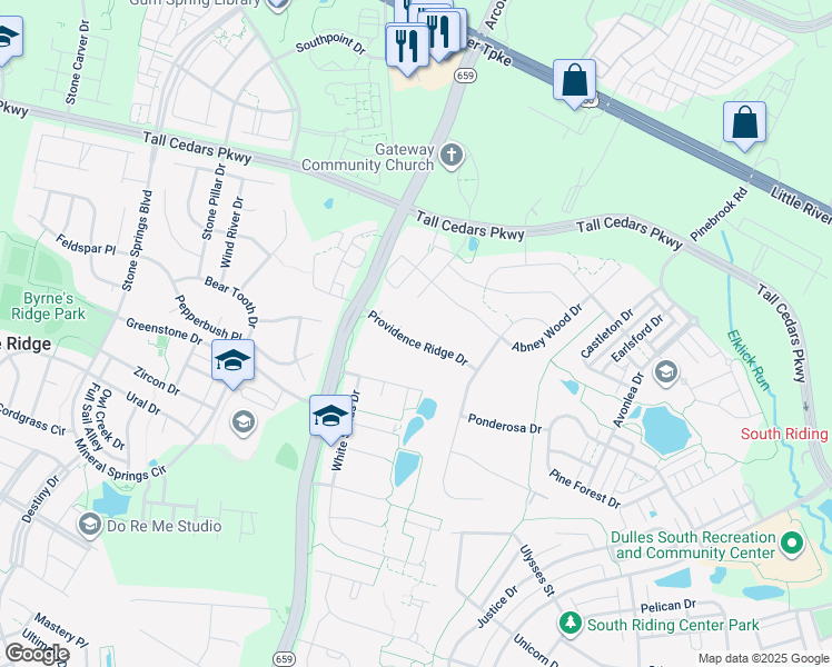 map of restaurants, bars, coffee shops, grocery stores, and more near 42260 Providence Ridge Drive in Chantilly