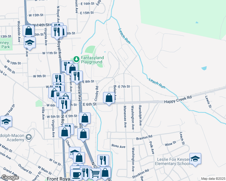 map of restaurants, bars, coffee shops, grocery stores, and more near 640 Belair Avenue in Front Royal