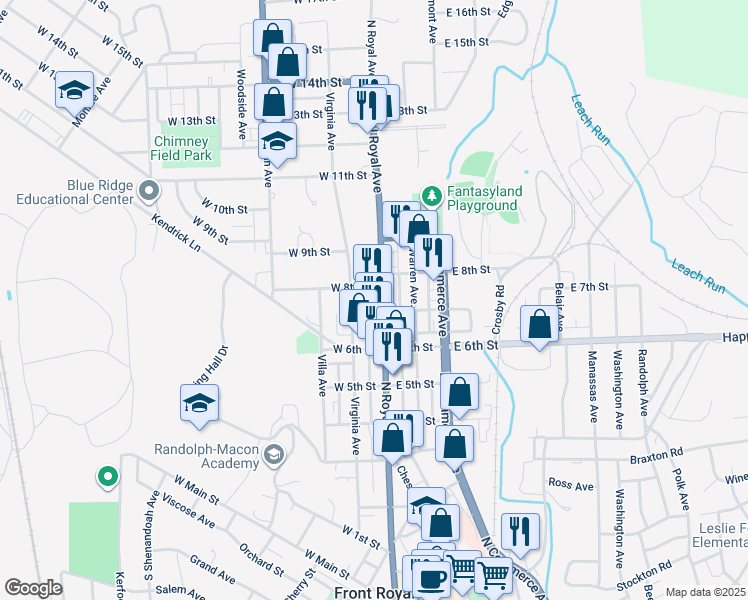 map of restaurants, bars, coffee shops, grocery stores, and more near 712 South Royal Avenue in Front Royal