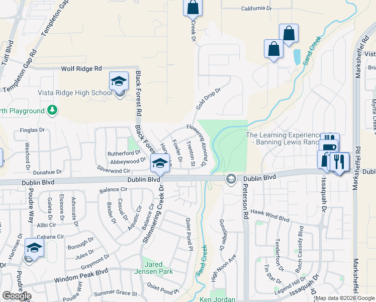 map of restaurants, bars, coffee shops, grocery stores, and more near 6558 Trenton Street in Colorado Springs