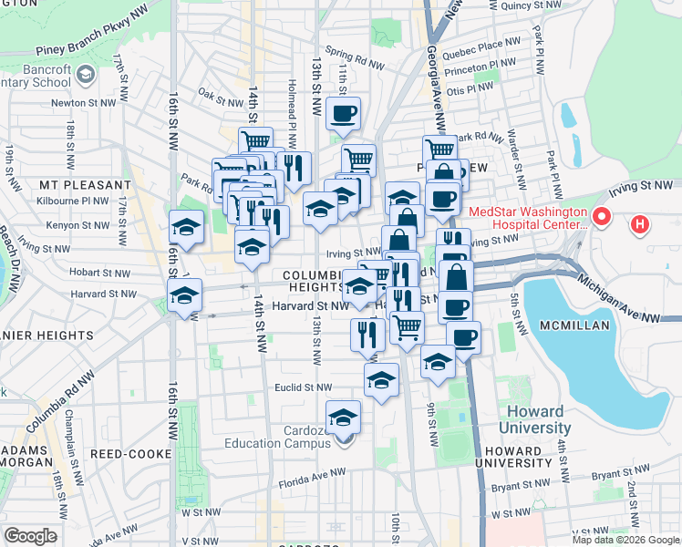 map of restaurants, bars, coffee shops, grocery stores, and more near 101 Independence Avenue Southeast in Washington