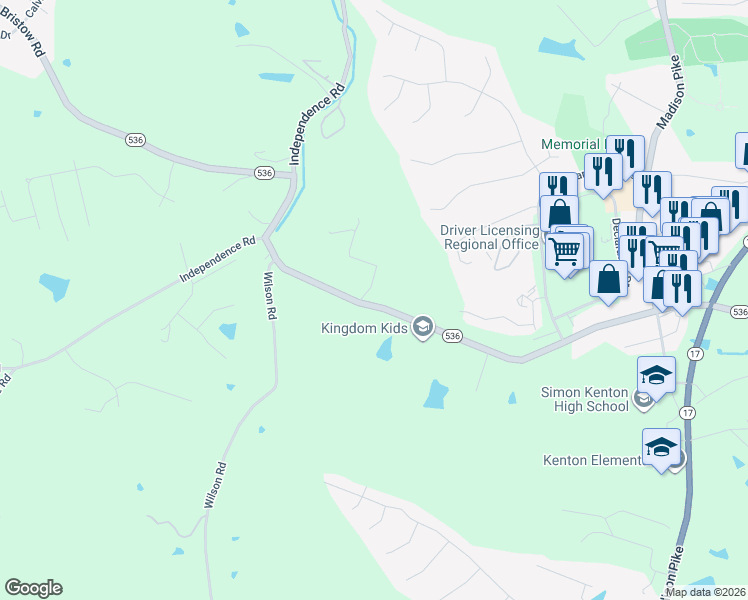 map of restaurants, bars, coffee shops, grocery stores, and more near 1654 Shaw Road in Independence