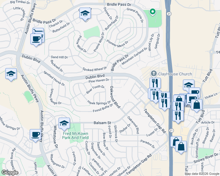 map of restaurants, bars, coffee shops, grocery stores, and more near 6720 Oakwood Boulevard in Colorado Springs
