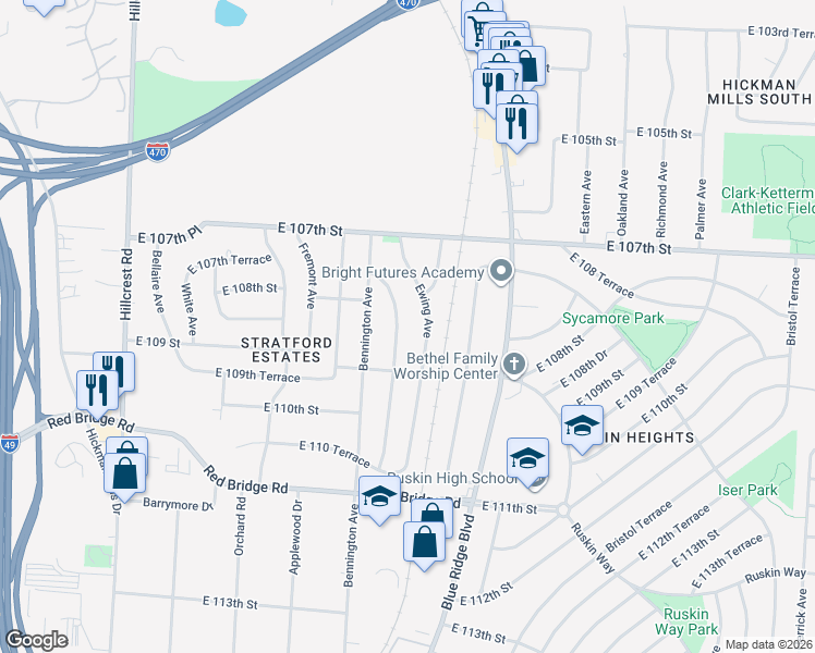 map of restaurants, bars, coffee shops, grocery stores, and more near 10803 Newton Avenue in Kansas City