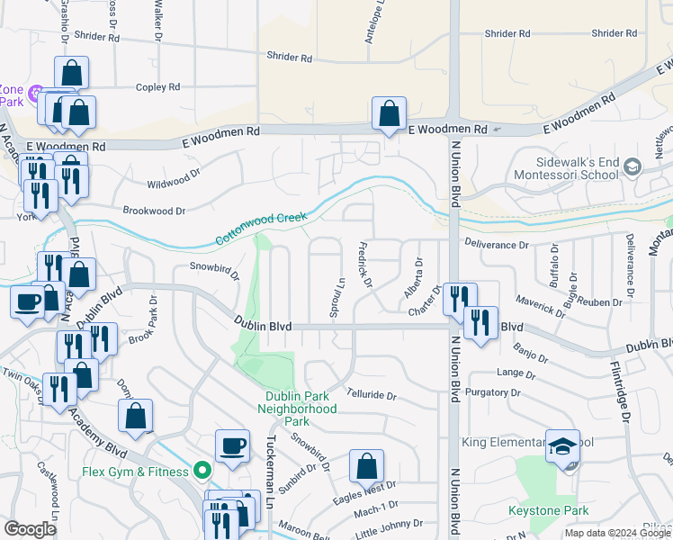 map of restaurants, bars, coffee shops, grocery stores, and more near 6909 Sproul Lane in Colorado Springs