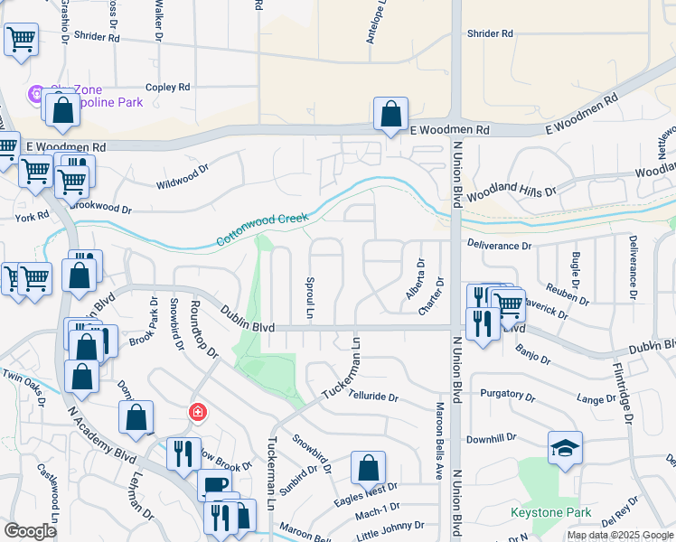 map of restaurants, bars, coffee shops, grocery stores, and more near 6909 Sproul Lane in Colorado Springs
