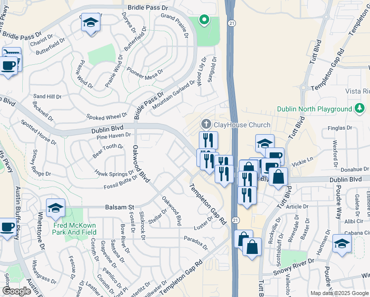 map of restaurants, bars, coffee shops, grocery stores, and more near 6539 Pennywhistle Point in Colorado Springs