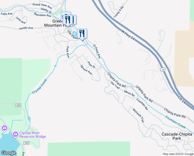 map of restaurants, bars, coffee shops, grocery stores, and more near 6475 Spruce Avenue in Green Mountain Falls