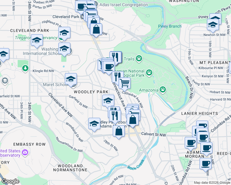 map of restaurants, bars, coffee shops, grocery stores, and more near 2854 Connecticut Avenue Northwest in Washington