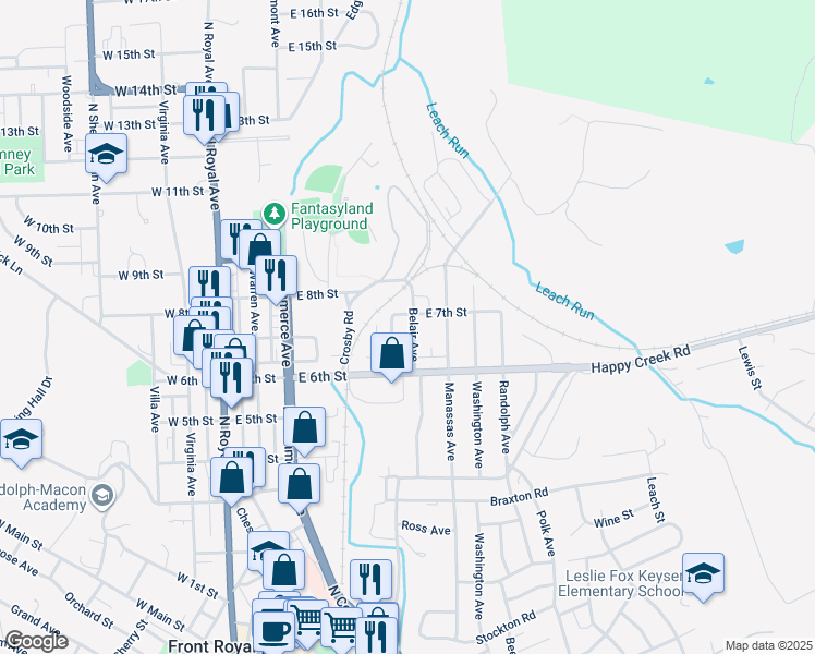 map of restaurants, bars, coffee shops, grocery stores, and more near 640 Belair Avenue in Front Royal