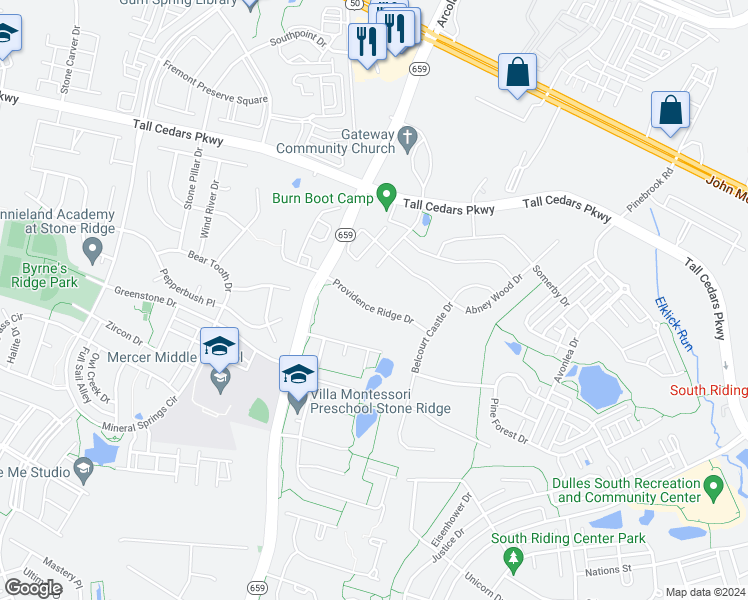 map of restaurants, bars, coffee shops, grocery stores, and more near 42260 Providence Ridge Drive in Chantilly