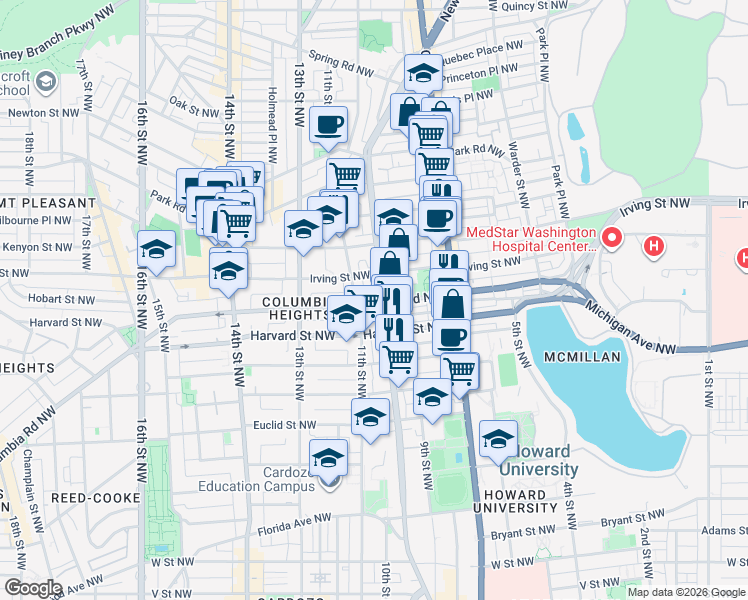 map of restaurants, bars, coffee shops, grocery stores, and more near 913 Columbia Road Northwest in Washington