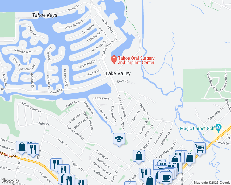 map of restaurants, bars, coffee shops, grocery stores, and more near 674 Tahoe Keys Boulevard in South Lake Tahoe