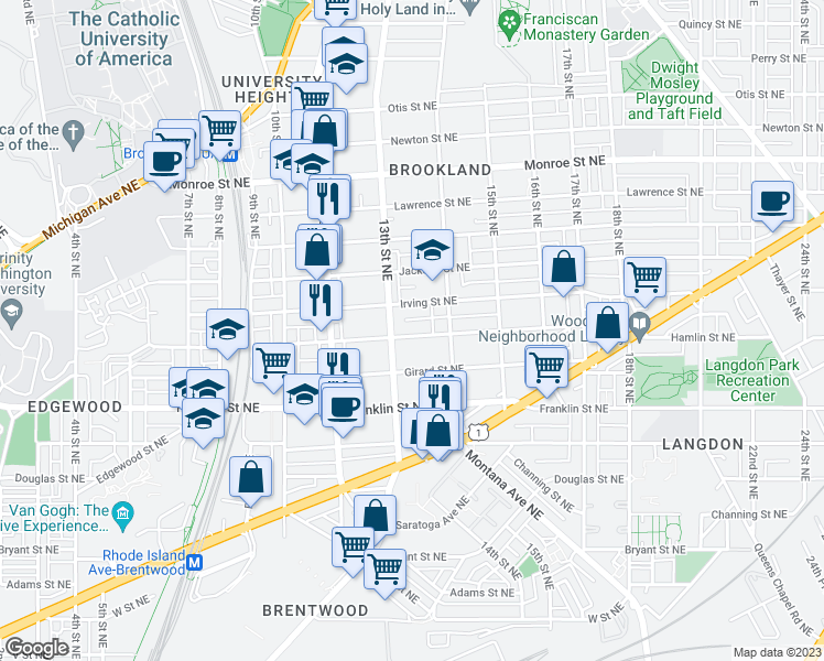 map of restaurants, bars, coffee shops, grocery stores, and more near 1318 Hamlin Street Northeast in Washington