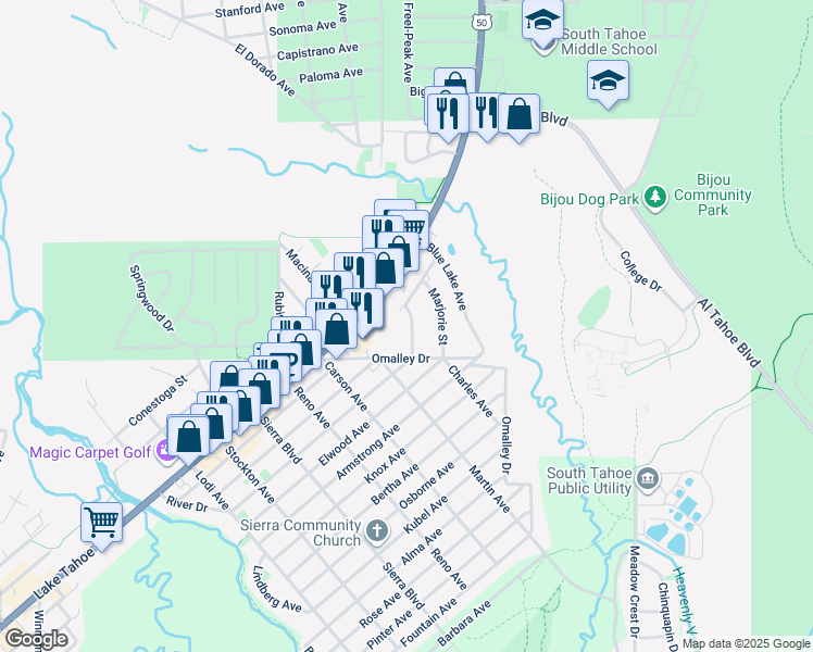 map of restaurants, bars, coffee shops, grocery stores, and more near 1044 William Avenue in South Lake Tahoe