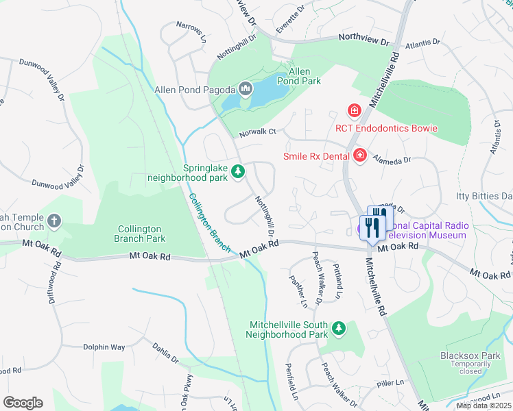 map of restaurants, bars, coffee shops, grocery stores, and more near 15240 Noblewood Lane in Bowie