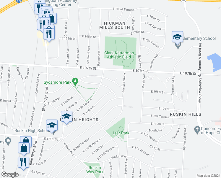 map of restaurants, bars, coffee shops, grocery stores, and more near 7811 E 108th Terrace in Kansas City