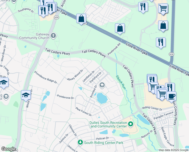 map of restaurants, bars, coffee shops, grocery stores, and more near 24929 Earlsford Drive in Chantilly