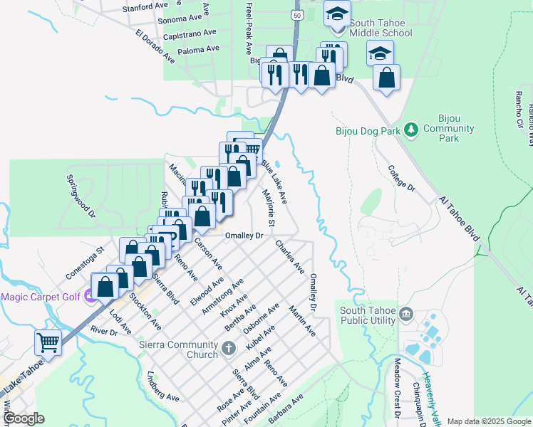 map of restaurants, bars, coffee shops, grocery stores, and more near 1068 Marjorie Street in South Lake Tahoe