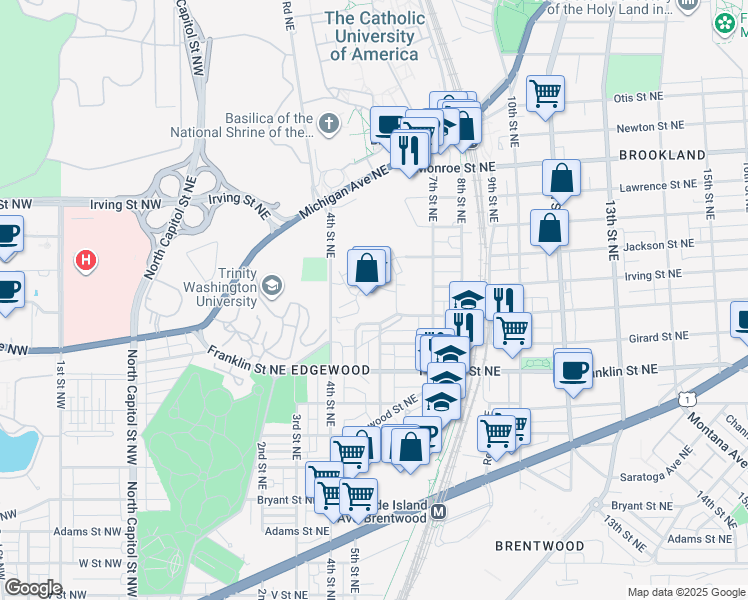 map of restaurants, bars, coffee shops, grocery stores, and more near 3015 4th Street Northeast in Washington