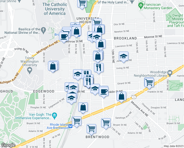 map of restaurants, bars, coffee shops, grocery stores, and more near 3007 10th Street Northeast in Washington