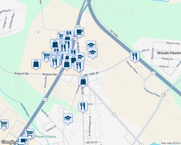 map of restaurants, bars, coffee shops, grocery stores, and more near 105 Northeast 10th Street in Milford