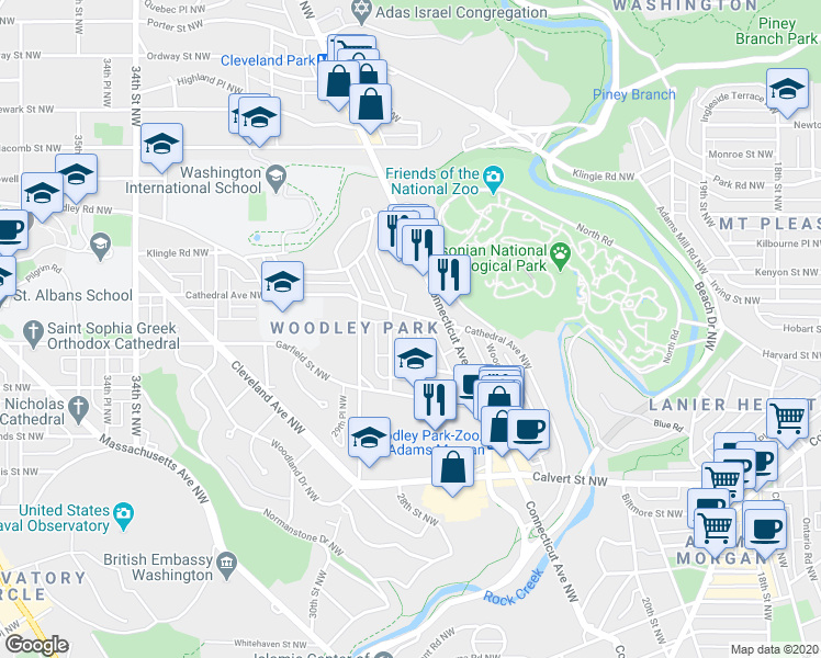 map of restaurants, bars, coffee shops, grocery stores, and more near 2848 27th Street Northwest in Washington