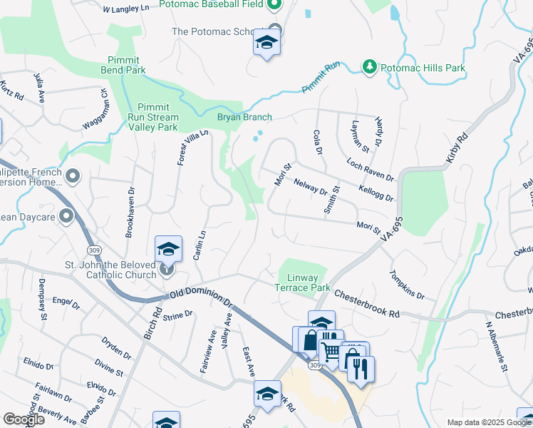 map of restaurants, bars, coffee shops, grocery stores, and more near 6307 Mori Street in McLean
