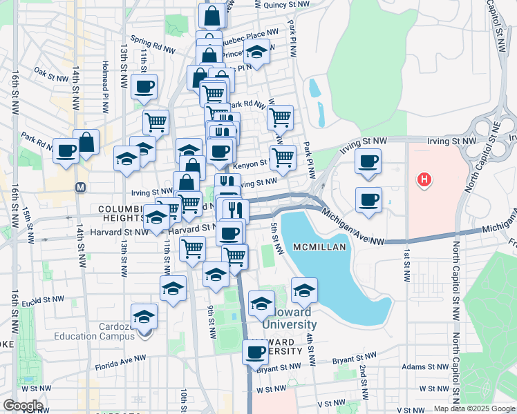 map of restaurants, bars, coffee shops, grocery stores, and more near Hobart Place Northwest in Washington