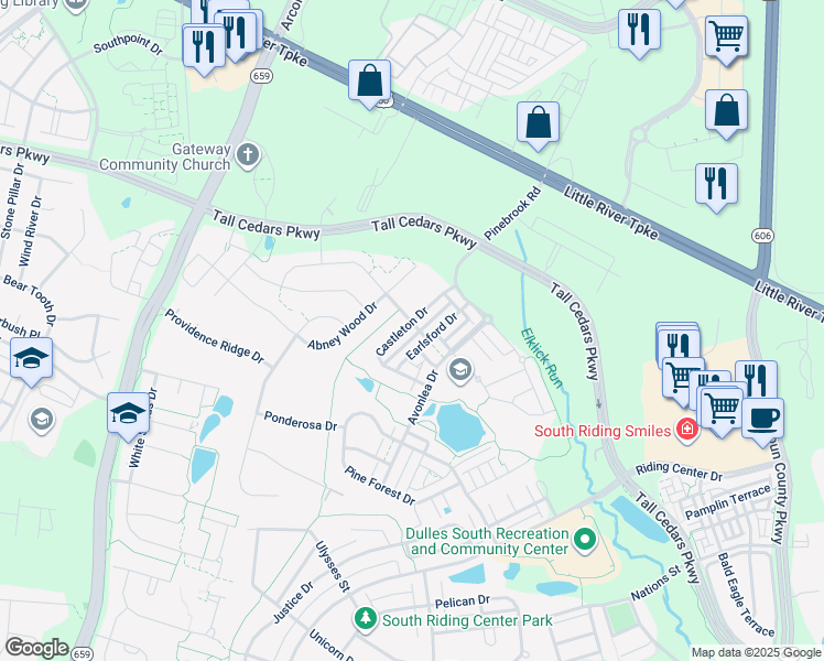map of restaurants, bars, coffee shops, grocery stores, and more near 24921 Somerby Drive in Chantilly