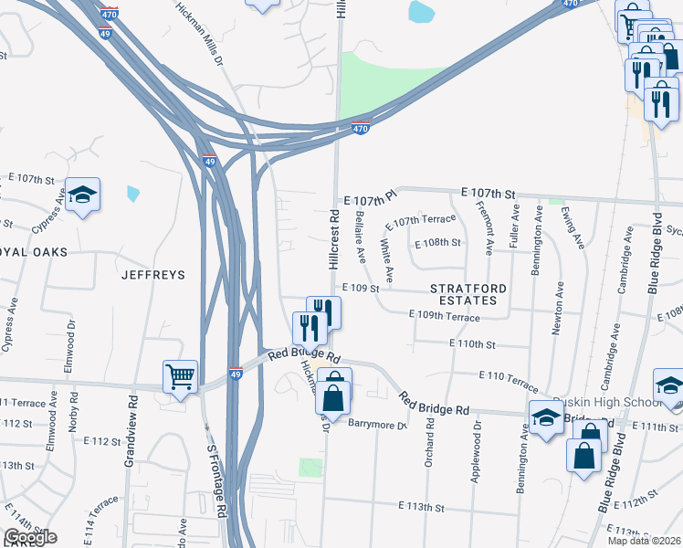 map of restaurants, bars, coffee shops, grocery stores, and more near 10825 Hillcrest Road in Kansas City