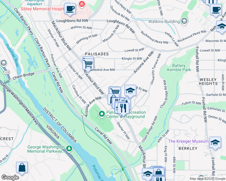 map of restaurants, bars, coffee shops, grocery stores, and more near 2804 Arizona Avenue Northwest in Washington