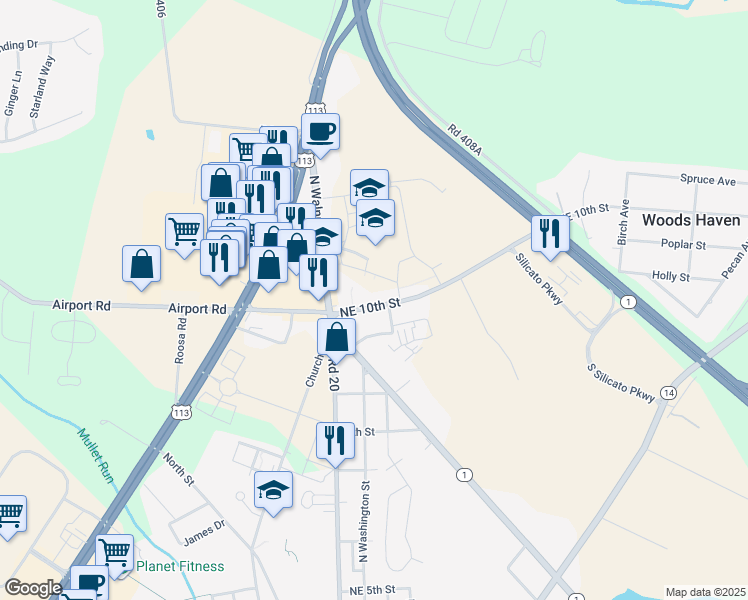 map of restaurants, bars, coffee shops, grocery stores, and more near 105 Northeast 10th Street in Milford