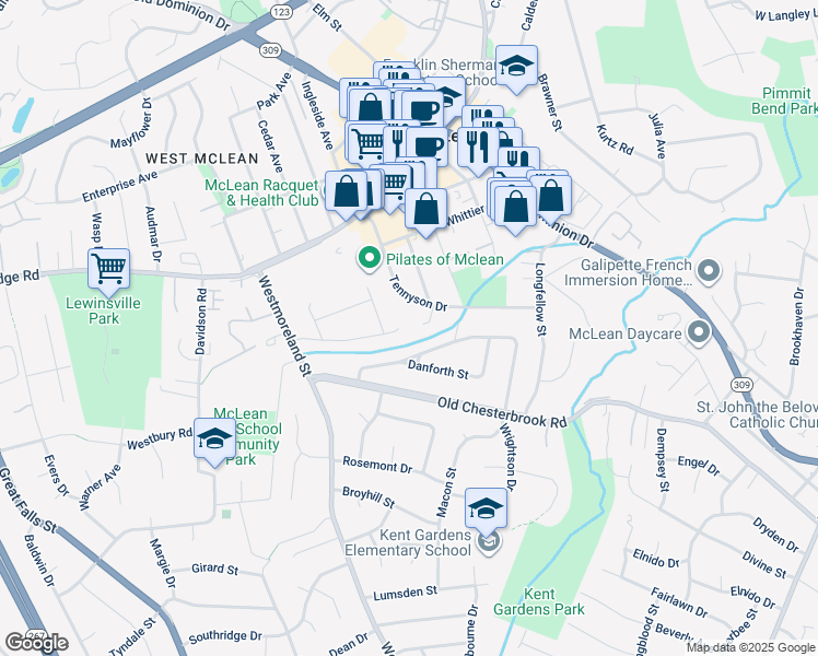 map of restaurants, bars, coffee shops, grocery stores, and more near 6800 Dillon Avenue in McLean