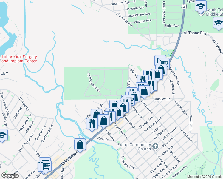 map of restaurants, bars, coffee shops, grocery stores, and more near 2945 Pinewood Drive in South Lake Tahoe