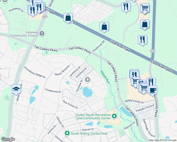 map of restaurants, bars, coffee shops, grocery stores, and more near 24921 Avonlea Drive in Chantilly