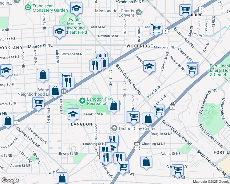 map of restaurants, bars, coffee shops, grocery stores, and more near 3002 25th Street Northeast in Washington