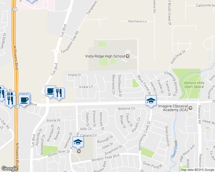 map of restaurants, bars, coffee shops, grocery stores, and more near 6647 Donahue Drive in Colorado Springs